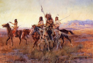  Charles Peintre - Quatre Indiens à cheval Charles Marion Russell vers 1914 Art occidental Amérindien Charles Marion Russell